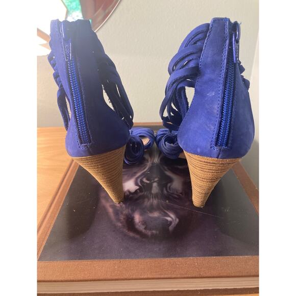 Zara Electric Blue Suede Strappy Sandals Wood Heel ~ Sz 40 10 ~ So Fetch! - Picture 3 of 7